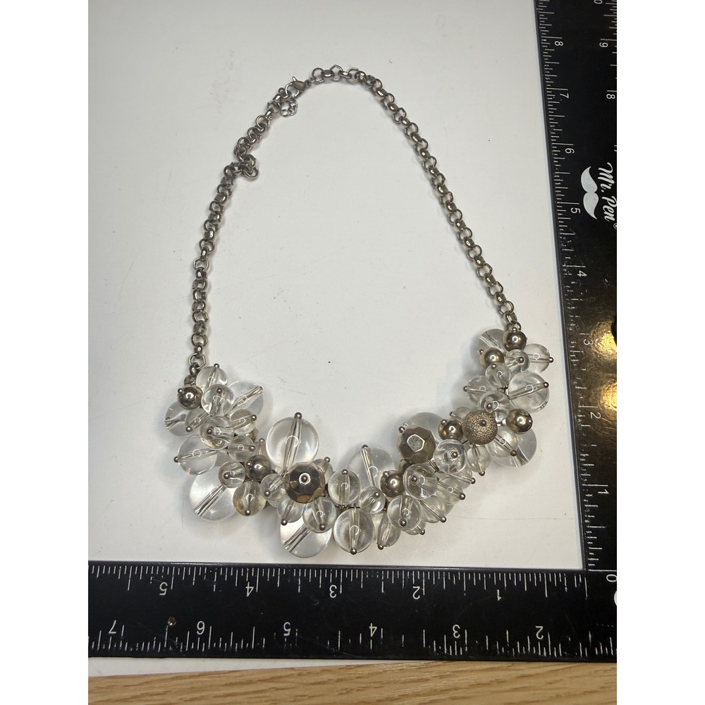 Statement Bubble Cluster Necklace Clear Acrylic Metallic Beads Silver Tone Chain